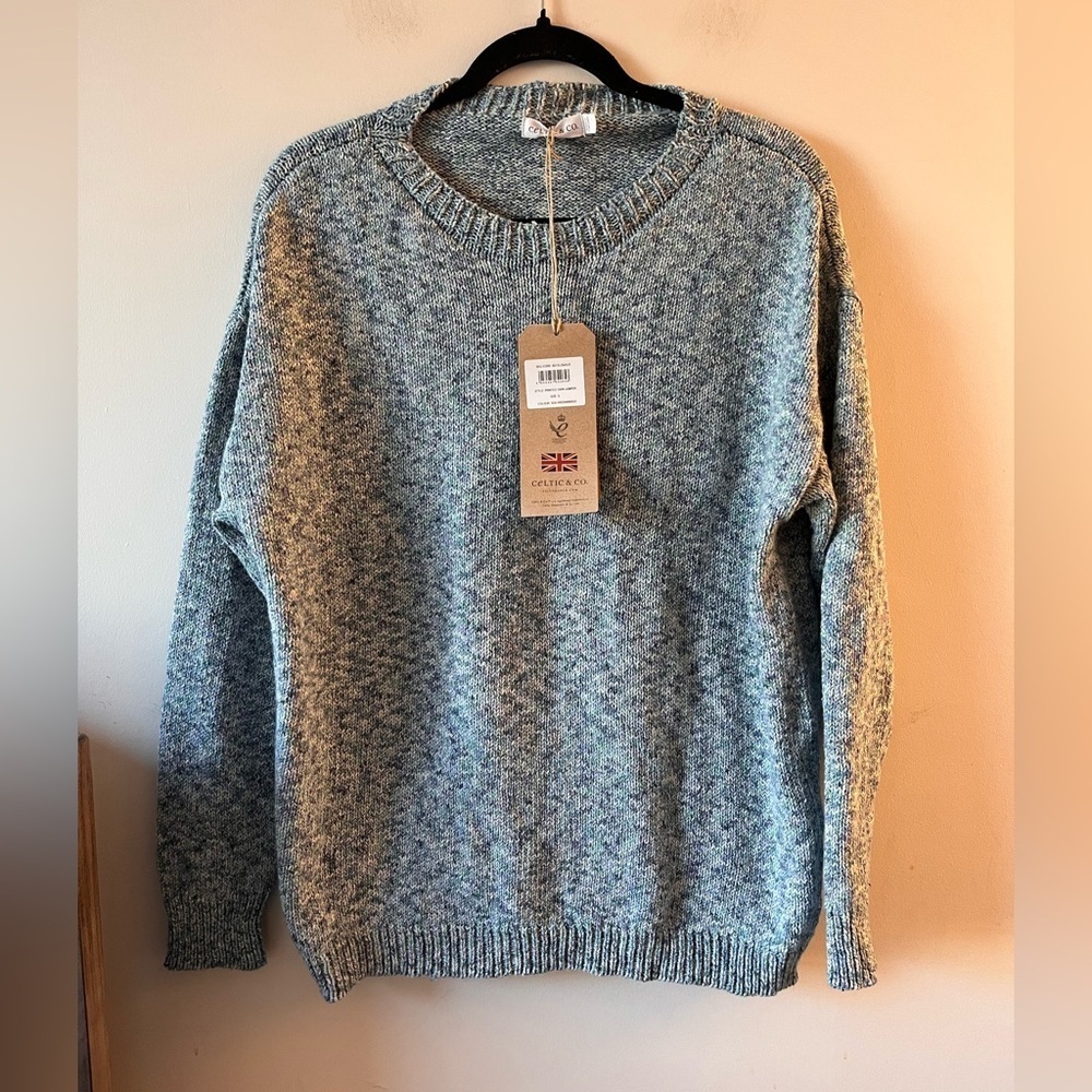NWT Celtic & Co. Cotton Printed Yarn Sweater in Sea Greenwall - Small